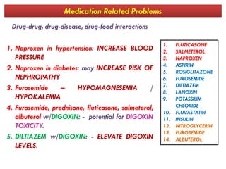 Medication Related Problems
Drug-drug, drug-disease, drug-food interactions
1. Naproxen in hypertension: INCREASE BLOOD
PRESSURE
2. Naproxen in diabetes: may INCREASE RISK OF
NEPHROPATHY
3. Furosemide – HYPOMAGNESEMIA /
1. FLUTICASONE
2. SALMETEROL
3. NAPROXEN
4. ASPIRIN
5. ROSIGLITAZONE
6. FUROSEMIDE
7. DILTIAZEM
3. Furosemide – HYPOMAGNESEMIA /
HYPOKALEMIA
4. Furosemide, prednisone, fluticasone, salmeterol,
albuterol w/DIGOXIN: - potential for DIGOXIN
TOXICITY.
5. DILTIAZEM w/DIGOXIN: - ELEVATE DIGOXIN
LEVELS.
7. DILTIAZEM
8. LANOXIN
9. POTASSIUM
CHLORIDE
10. FLUVASTATIN
11. INSULIN
12. NITROGLYCERIN
13. FUROSEMIDE
14. ALBUTEROL
 
