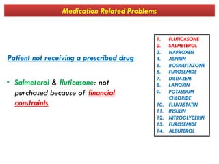 Medication Related Problems
Patient not receiving a prescribed drug
• Salmeterol & fluticasone: not
1. FLUTICASONE
2. SALMETEROL
3. NAPROXEN
4. ASPIRIN
5. ROSIGLITAZONE
6. FUROSEMIDE
7. DILTIAZEM
8. LANOXIN• Salmeterol & fluticasone: not
purchased because of financial
constraints
8. LANOXIN
9. POTASSIUM
CHLORIDE
10. FLUVASTATIN
11. INSULIN
12. NITROGLYCERIN
13. FUROSEMIDE
14. ALBUTEROL
 