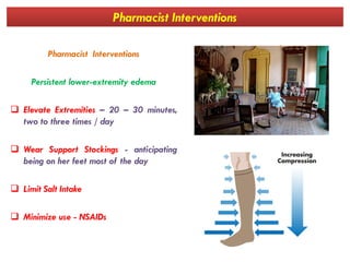 Pharmacist Interventions
Pharmacist Interventions
Persistent lower-extremity edema
 Elevate Extremities – 20 – 30 minutes,
two to three times / day
 Wear Support Stockings - anticipating
being on her feet most of the day
 Limit Salt Intake
 Minimize use - NSAIDs
 