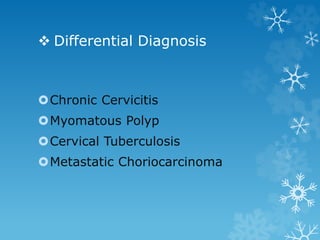  Differential Diagnosis
Chronic Cervicitis
Myomatous Polyp
Cervical Tuberculosis
Metastatic Choriocarcinoma
 