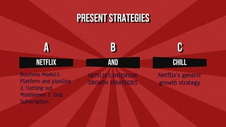 Present strategies
NETFLIX AND
Business Model:1.
Platform and pipeline
2. Cutting out
Middlemen 3. Unli
Subscription
CHILL
A B C
NETFLIX’S INTENSIVE
GROWTH STRATEGIES
Netflix’s generic
growth strategy
 