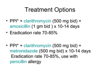 Treatment Options PPI* +  clarithromycin  (500 mg bid) +  amoxicillin  (1 gm bid ) x 10-14 days  Eradication rate 70-85% PPI* +  clarithromycin  (500 mg bid) +  metronidazole  (500 mg bid) x 10-14 days  Eradication rate 70-85%, use with  penicillin  allergy 