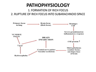 PATHOPHYSIOLOGY
1. FORMATION OF RICH FOCUS
2. RUPTURE OF RICH FOCUS INTO SUBARACHNOID SPACE
 
