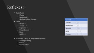 Reflexes :
• Superficial
• Plantar - +
• Abdominal - +
• Hoffman’s Sign - Present
• Deep
• Biceps - +
• Triceps - +
• Supinator - +
• Finger flexion - +
• Knee - +
• Ankle - +
• Primitive - May or may not the present
• Sucking/Rooting
• Grasp
• Glabellar Tap
Graded
Absent (--)
Depressed (+)
Normal (++)
Brisk (+++)
Clonus (++++)
 