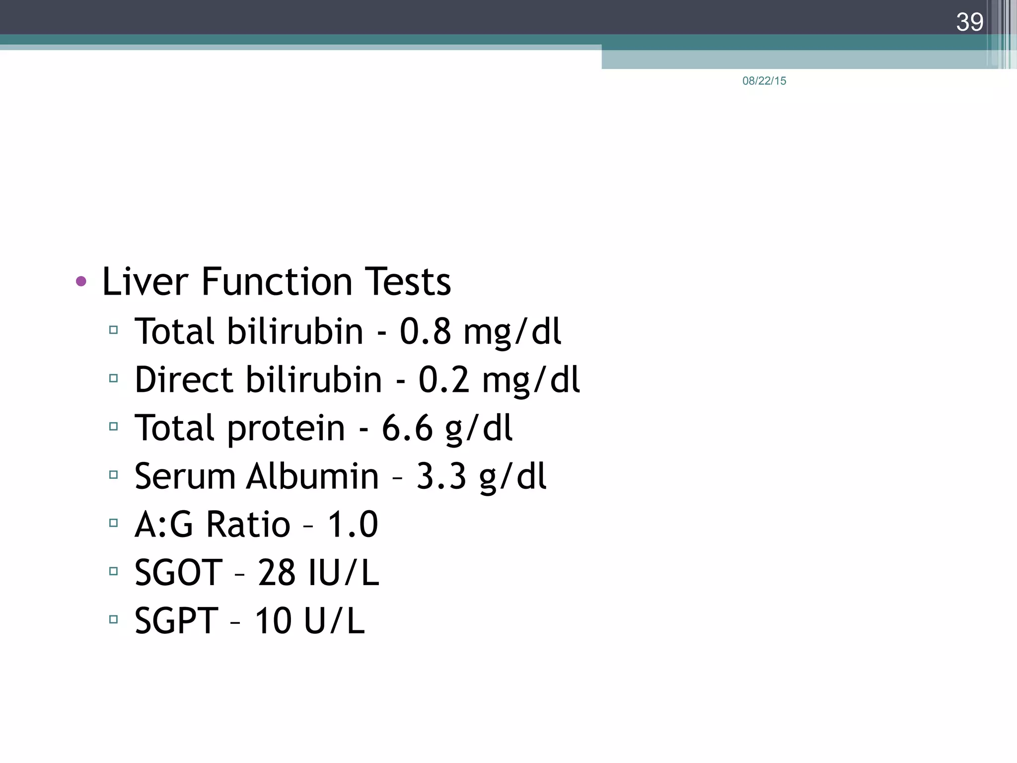 08/22/15
39
• Liver Function Tests
▫ Total bilirubin - 0.8 mg/dl
▫ Direct bilirubin - 0.2 mg/dl
▫ Total protein - 6.6 g/dl
▫ Serum Albumin – 3.3 g/dl
▫ A:G Ratio – 1.0
▫ SGOT – 28 IU/L
▫ SGPT – 10 U/L
 
