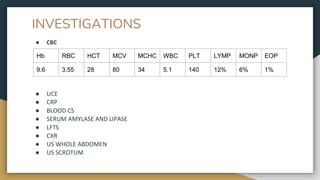INVESTIGATIONS
● CBC
● UCE
● CRP
● BLOOD CS
● SERUM AMYLASE AND LIPASE
● LFTS
● CXR
● US WHOLE ABDOMEN
● US SCROTUM
Hb RBC HCT MCV MCHC WBC PLT LYMP MONP EOP
9.6 3.55 28 80 34 5.1 140 12% 6% 1%
 