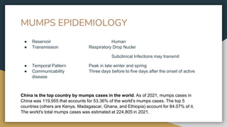 MUMPS EPIDEMIOLOGY
● Reservoir Human
● Transmission Respiratory Drop Nuclei
Subclinical Infections may transmit
● Temporal Pattern Peak in late winter and spring
● Communicability Three days before to five days after the onset of active
disease
China is the top country by mumps cases in the world. As of 2021, mumps cases in
China was 119,955 that accounts for 53.36% of the world's mumps cases. The top 5
countries (others are Kenya, Madagascar, Ghana, and Ethiopia) account for 84.07% of it.
The world's total mumps cases was estimated at 224,805 in 2021.
 