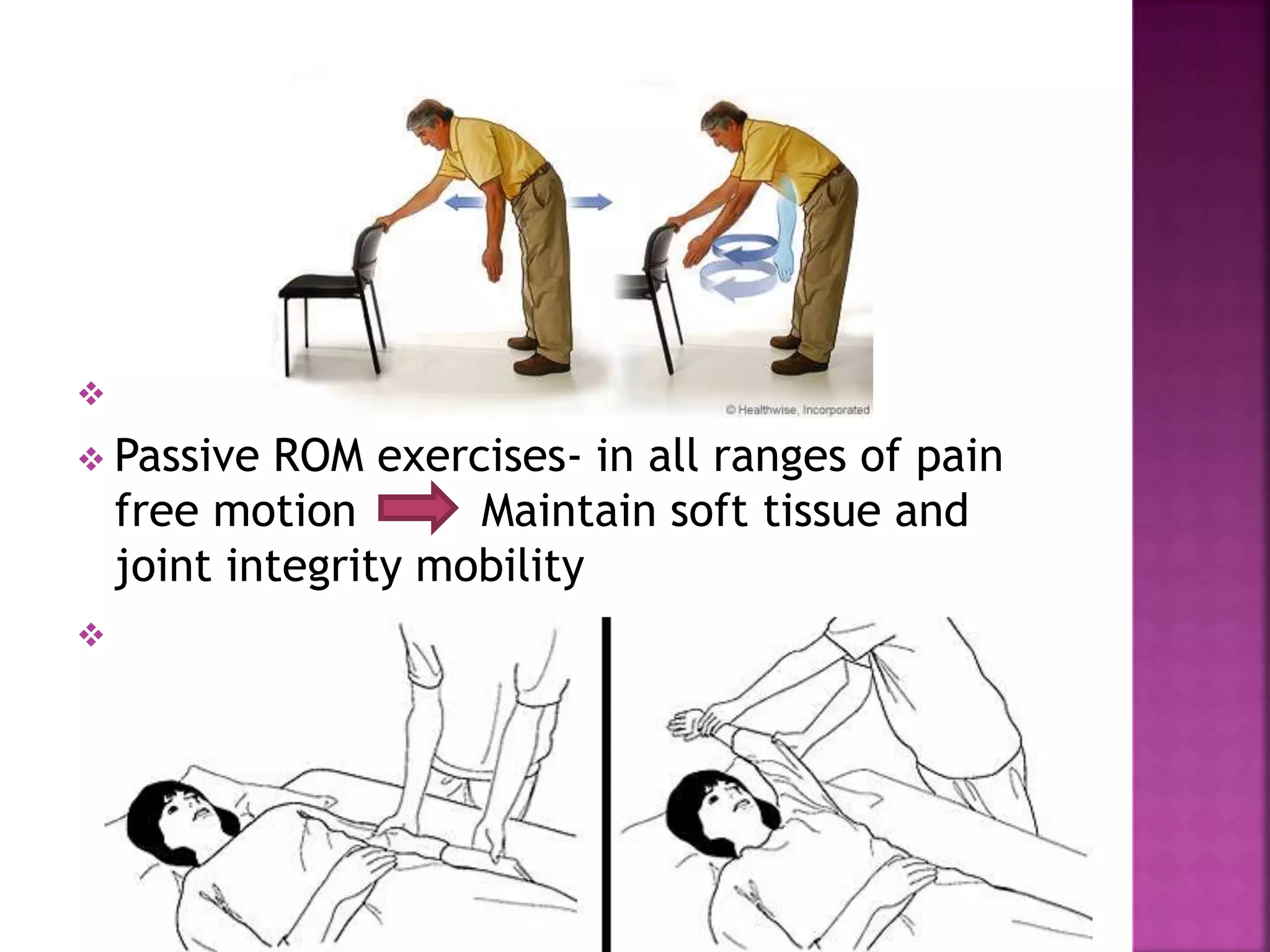 
 Passive ROM exercises- in all ranges of pain
free motion Maintain soft tissue and
joint integrity mobility

 