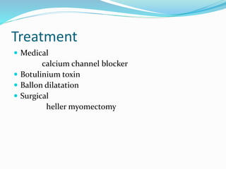 Treatment
Medical
calcium channel blocker
Botulinium toxin
Ballon dilatation
Surgical
heller myomectomy