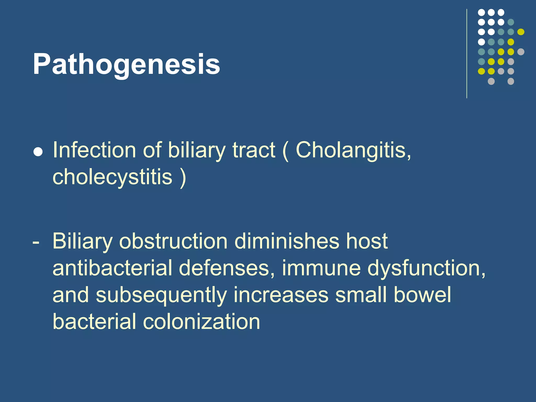 Pathogenesis
 Infection of biliary tract ( Cholangitis,
cholecystitis )
- Biliary obstruction diminishes host
antibacterial defenses, immune dysfunction,
and subsequently increases small bowel
bacterial colonization
 