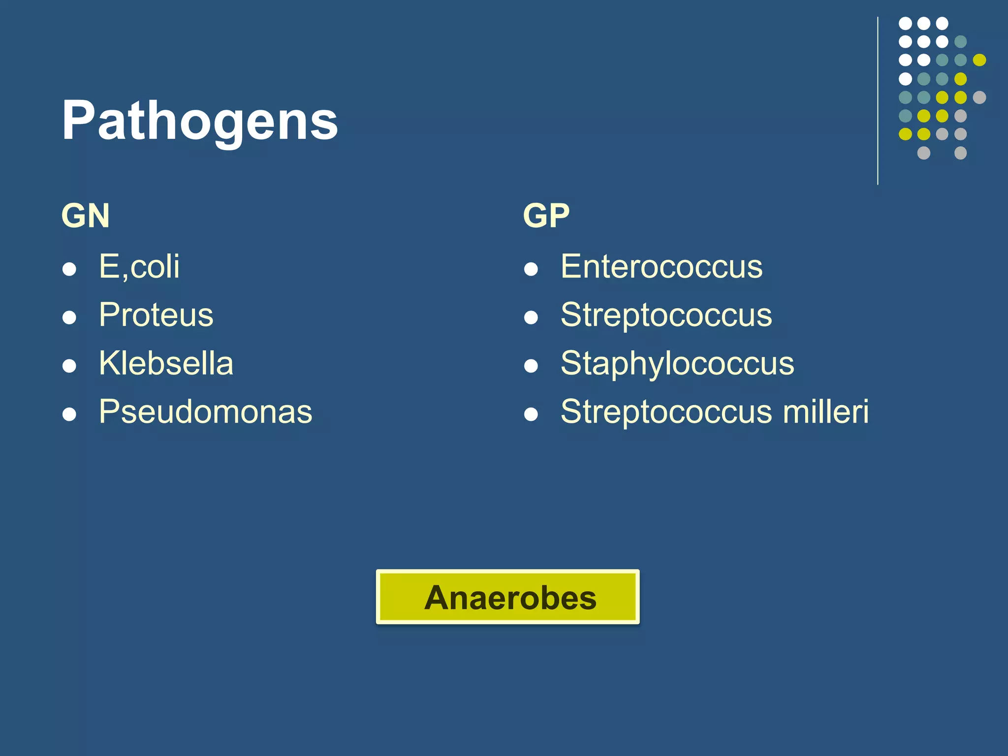 Pathogens
GN
 E,coli
 Proteus
 Klebsella
 Pseudomonas
GP
 Enterococcus
 Streptococcus
 Staphylococcus
 Streptococcus milleri
Anaerobes
 