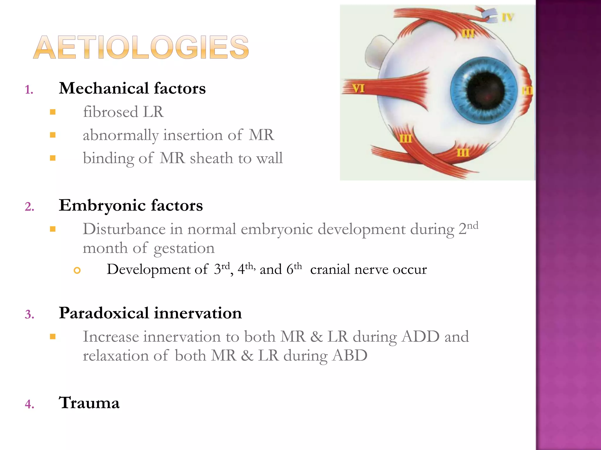 1.

Mechanical factors

fibrosed LR

abnormally insertion of MR

binding of MR sheath to wall

2.

Embryonic factors

Disturbance in normal embryonic development during 2nd
month of gestation


3.

4.

Development of 3rd, 4th, and 6th cranial nerve occur

Paradoxical innervation

Increase innervation to both MR & LR during ADD and
relaxation of both MR & LR during ABD

Trauma

 