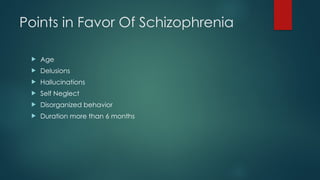Points in Favor Of Schizophrenia
 Age
 Delusions
 Hallucinations
 Self Neglect
 Disorganized behavior
 Duration more than 6 months
 