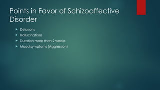 Points in Favor of Schizoaffective
Disorder
 Delusions
 Hallucinations
 Duration more than 2 weeks
 Mood symptoms (Aggression)
 
