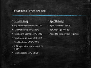Treatment Prescribed
▪ 28-08-2015
▪ Inj Omeprazole 40mg IV x OD
▪ Tab Motilium 1 x PO xTDS
▪ Tab Loprin 150mg 1 x PO x OD
▪ Tab Atorva 20 mg 1 x PO x H.S
▪ Syp Duphalac 2TSF xTDS
▪ Inf Ringer’s Lactate 1000mL IV
x BD
▪ Tab Panadol 2 x PO x SOS
▪ 29-08-2015
▪ Inj Diazepam IV x SOS
▪ Inj C-trox 1g x IV x BD
▪ Added to the previous regimen
www.DrLizano.com
 