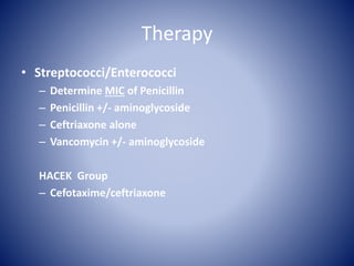 Therapy
• Streptococci/Enterococci
– Determine MIC of Penicillin
– Penicillin +/- aminoglycoside
– Ceftriaxone alone
– Vancomycin +/- aminoglycoside
HACEK Group
– Cefotaxime/ceftriaxone
 