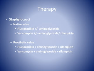 Therapy
• Staphylococci
– Native valve
• Flucloxacillin +/- aminoglycoside
• Vancomycin +/- aminoglycoside/ rifampicin
– Prosthetic valve
• Flucloxacillin + aminoglycoside + rifampicin
• Vancomycin + aminoglycoside + rifampicin
 