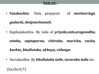 TAILAS :
• Vatakushta- Taila prepared of meshasringi,
guduchi, dwipanchamuli.
• Kaphajakushta- By taila of priyala,sala,aragwadha,
nimba, saptaparna, chitraka, maricha, vacha,
kushta, bhallataka, abhaya, vidanga.
• Sarvakushta- By bhallataka taila, tuvaraka taila etc.
(Su.Chi.9/7)
 