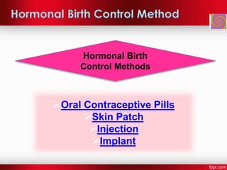 Hormonal Birth
Control Methods
Oral Contraceptive Pills
Skin Patch
Injection
Implant
 