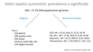 Valori epatici aumentati: prevalenza e significato
Radcke, Eur J Gastroenterol Hepatol, 2014
10% - 21.7% della popolazione generale
Fino a
- 25% NAFLD
- 10% epatite virale
- 45% alcool
- 5% ferro, A1AT, PBC, AIH
- 15% fegato normale
Diagnosi Rischio di mortalitá
GGT: HR = 25.32, 95% CI: 15.27, 41.97
Fos. Alc.: HR = 17.81, 95% CI: 9.20, 34.49
Albumina: HR = 16.17, 95% CI: 6.41, 40.81
Transaminasi: HR = 1.78, 95% CI: 1.45, 2.16
 
