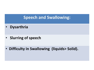 Speech and Swallowing:
• Dysarthria
• Slurring of speech
• Difficulty in Swallowing (liquids> Solid).
 