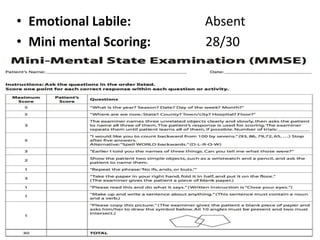 • Emotional Labile: Absent
• Mini mental Scoring: 28/30
 