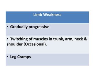 Limb Weakness
• Gradually progressive
• Twitching of muscles in trunk, arm, neck &
shoulder (Occasional).
• Leg Cramps
 
