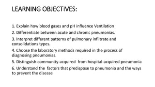 LEARNING OBJECTIVES:
1. Explain how blood gases and pH influence Ventilation
2. Differentiate between acute and chronic pneumonias.
3. Interpret different patterns of pulmonary infiltrate and
consolidations types.
4. Choose the laboratory methods required in the process of
diagnosing pneumonias.
5. Distinguish community-acquired from hospital-acquired pneumonia
6. Understand the factors that predispose to pneumonia and the ways
to prevent the disease
 