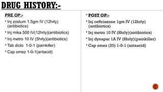 DRUG HISTORY:-
PRE OP:-
 Inj zostum 1.5gm IV (12hrly)
(antibiotics)
 Inj mika 500 IV(12hrly)(antibiotics)
 Inj metro 10 IV (5hrly)(antibiotics)
 Tab diclo 1-0-1 (painkiller)
 Cap omez 1-0-1(antacid)
 POST OP:-
 Inj ceftriaxone 1gm IV (12hrly)
(antibiotics)
 Inj metro 10 IV (8hrly)(antibiotics)
 Inj dynapar 1A IV (8hrly)(painkiller)
 Cap omez (20) 1-0-1 (antaacid)
 