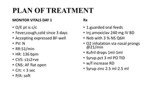 PLAN OF TREATMENT
MONITOR VITALS DAY 1
• O/E pt is c/c
• Fever,cough,cold since 3 days
• Accepting expressed BF-well
• PV: N
• RR:51/min
• HR: 136 bpm
• CVS: s1s2+ve
• CNS: AF flat open
• Crt: < 3 sec
• P/A: soft
Rx
• 1.guarded oral feeds
• Inj.amoxiclav 240 mg IV BD
• Neb with 3 % NS Q6H
• O2 inhalation via nasal prongs
@21/min
• Kufril drops 1ml-1ml
• Syrup.pct 3 ml PO TID
• w/f increase RD
• Syrup zinc 2.5 ml-2.5 ml
 