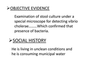 Examination of stool culture under a
special microscope for detecting vibrio
cholerae………Which confirmed that
presence of bacteria.
OBJECTIVE EVIDENCE
SOCIAL HISTORY
He is living in unclean conditions and
he is consuming municipal water
 