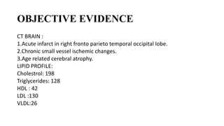 OBJECTIVE EVIDENCE
CT BRAIN :
1.Acute infarct in right fronto parieto temporal occipital lobe.
2.Chronic small vessel ischemic changes.
3.Age related cerebral atrophy.
LIPID PROFILE:
Cholestrol: 198
Triglycerides: 128
HDL : 42
LDL :130
VLDL:26
 