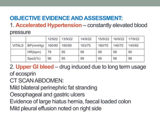 OBJECTIVE EVIDENCE AND ASSESSMENT:
1. Accelerated Hypertension – constantly elevated blood
pressure
2. Upper GI bleed – dr...