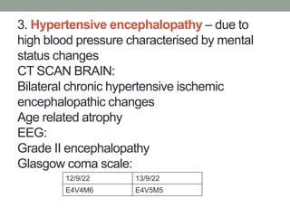 3. Hypertensive encephalopathy – due to
high blood pressure characterised by mental
status changes
CT SCAN BRAIN:
Bilatera...