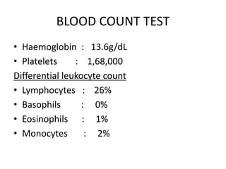 BLOOD COUNT TEST
• Haemoglobin : 13.6g/dL
• Platelets : 1,68,000
Differential leukocyte count
• Lymphocytes : 26%
• Basophils : 0%
• Eosinophils : 1%
• Monocytes : 2%
 