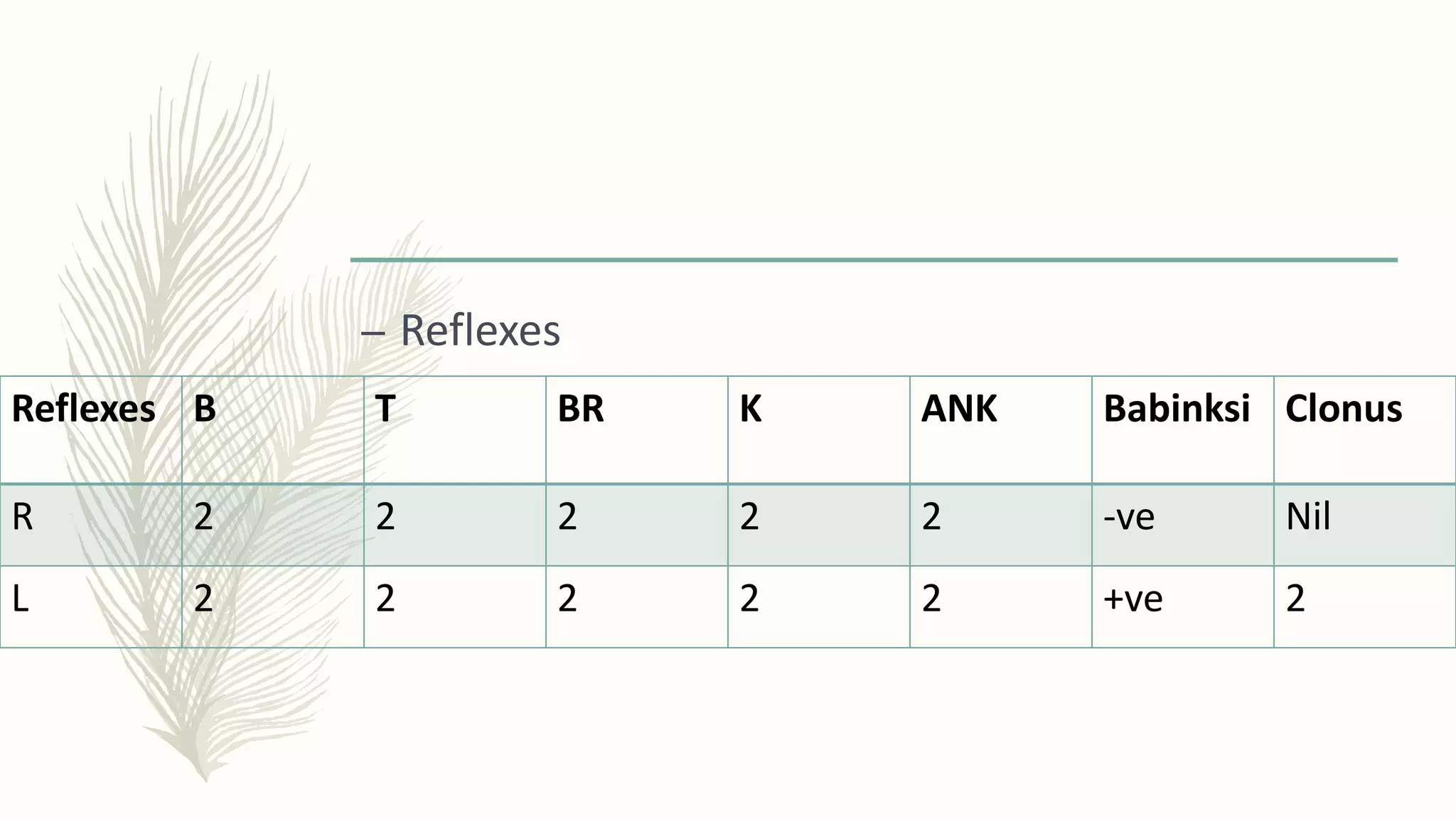 – Reflexes
Reflexes B T BR K ANK Babinksi Clonus
R 2 2 2 2 2 -ve Nil
L 2 2 2 2 2 +ve 2
 