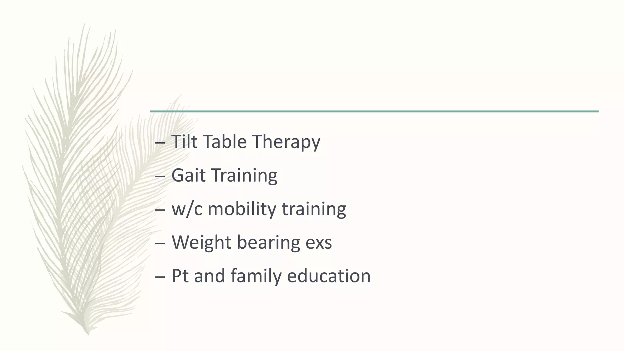 – Tilt Table Therapy
– Gait Training
– w/c mobility training
– Weight bearing exs
– Pt and family education
 