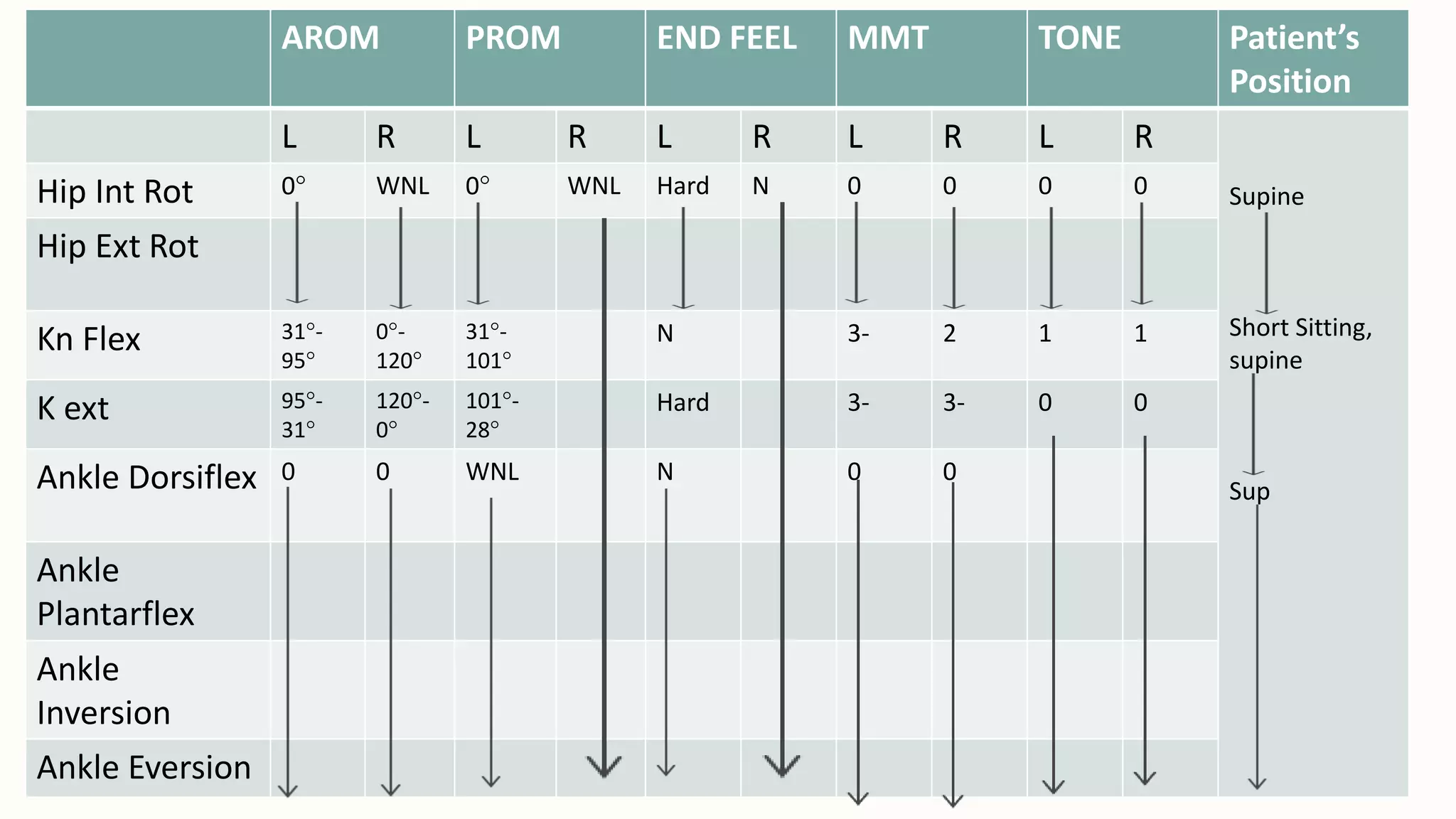AROM PROM END FEEL MMT TONE Patient’s
Position
L R L R L R L R L R
Supine
Short Sitting,
supine
Sup
Hip Int Rot 0° WNL 0° WNL Hard N 0 0 0 0
Hip Ext Rot
Kn Flex 31°-
95°
0°-
120°
31°-
101°
N 3- 2 1 1
K ext 95°-
31°
120°-
0°
101°-
28°
Hard 3- 3- 0 0
Ankle Dorsiflex 0 0 WNL N 0 0
Ankle
Plantarflex
Ankle
Inversion
Ankle Eversion
 