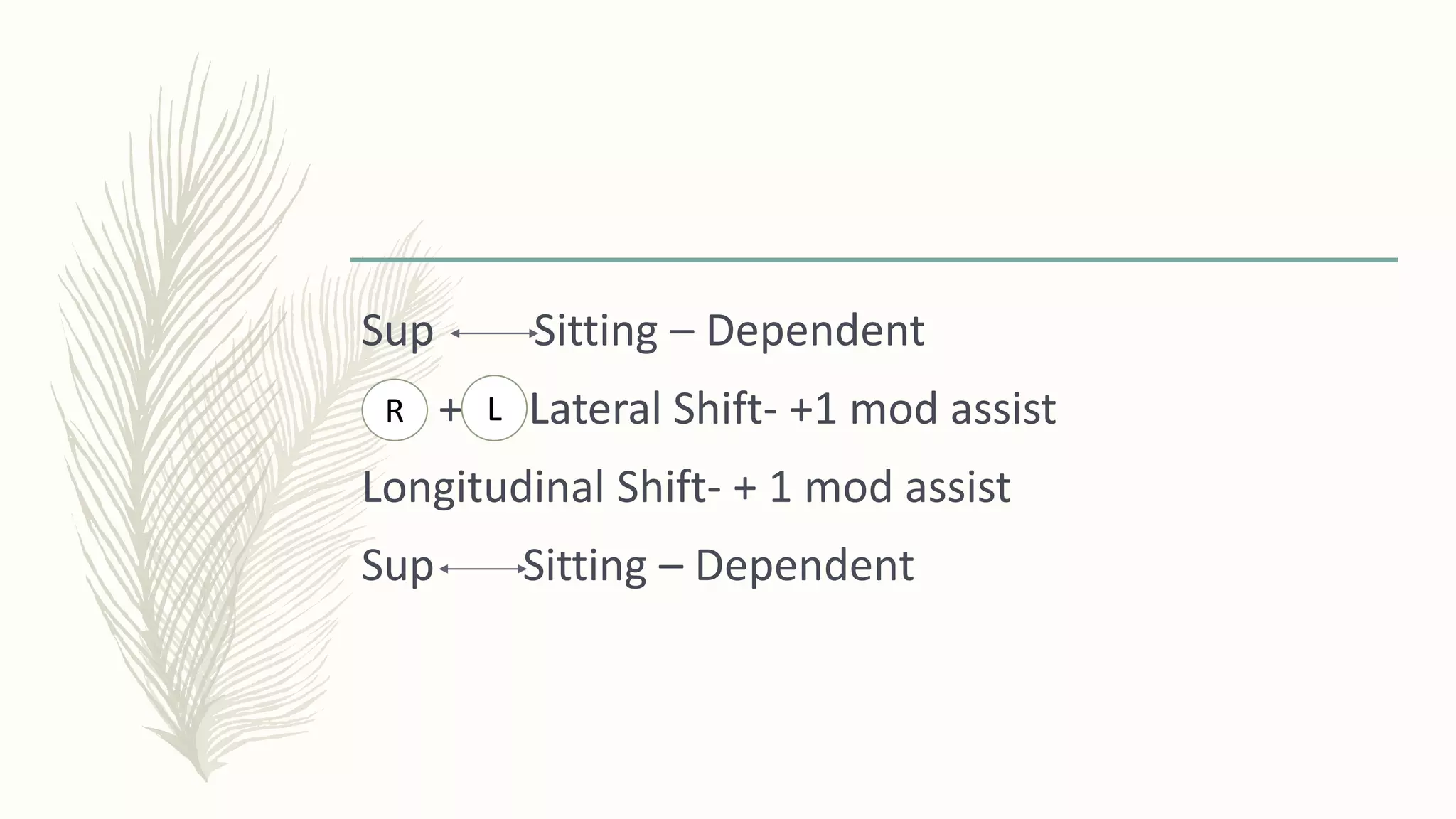 Sup Sitting – Dependent
+ Lateral Shift- +1 mod assist
Longitudinal Shift- + 1 mod assist
Sup Sitting – Dependent
LR
 
