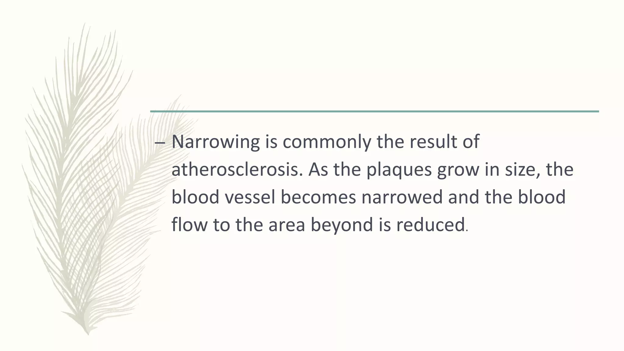 – Narrowing is commonly the result of
atherosclerosis. As the plaques grow in size, the
blood vessel becomes narrowed and the blood
flow to the area beyond is reduced.
 