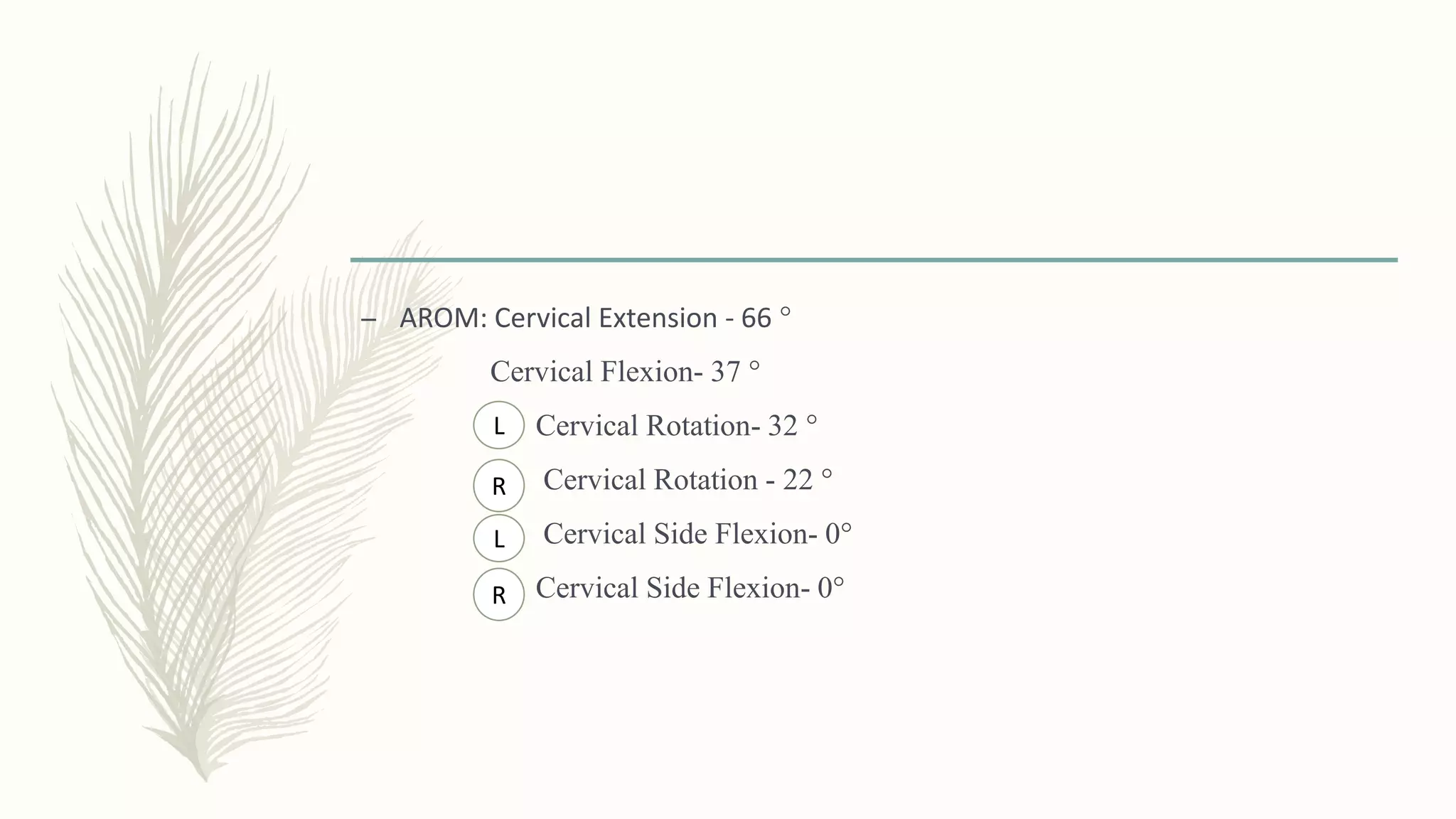 – AROM: Cervical Extension - 66 °
Cervical Flexion- 37 °
Cervical Rotation- 32 °
Cervical Rotation - 22 °
Cervical Side Flexion- 0°
Cervical Side Flexion- 0°
L
R
L
R
 