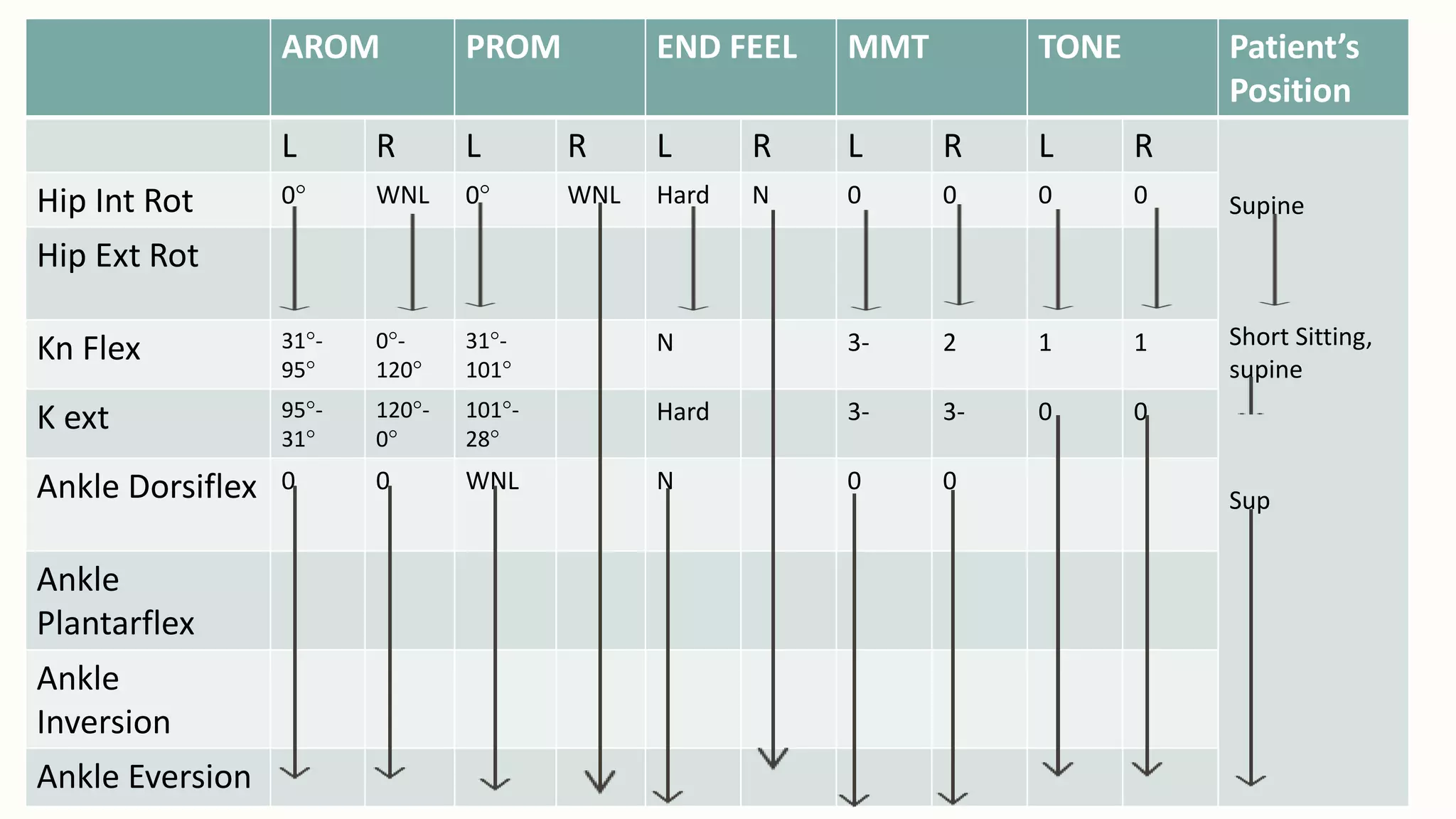 AROM PROM END FEEL MMT TONE Patient’s
Position
L R L R L R L R L R
Supine
Short Sitting,
supine
Sup
Hip Int Rot 0° WNL 0° WNL Hard N 0 0 0 0
Hip Ext Rot
Kn Flex 31°-
95°
0°-
120°
31°-
101°
N 3- 2 1 1
K ext 95°-
31°
120°-
0°
101°-
28°
Hard 3- 3- 0 0
Ankle Dorsiflex 0 0 WNL N 0 0
Ankle
Plantarflex
Ankle
Inversion
Ankle Eversion
 