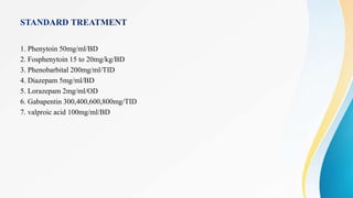 1. Phenytoin 50mg/ml/BD
2. Fosphenytoin 15 to 20mg/kg/BD
3. Phenobarbital 200mg/ml/TID
4. Diazepam 5mg/ml/BD
5. Lorazepam 2mg/ml/OD
6. Gabapentin 300,400,600,800mg/TID
7. valproic acid 100mg/ml/BD
 