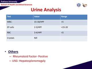 Pokhara University
School of Health and Allied Sciences
Urine Analysis
• Others
– Rheumatoid Factor- Positive
– USG- Hepatosplenomegaly
Test Value Range
WBC: 15-18/HPF <5
EP cells 2-3/HPF <15-20
RBC 3-4/HPF <5
Crystals Nill
 