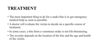 TREATMENT
• The most important thing to do for a snake bite is to get emergency
medical help as soon as possible.
• A doctor will evaluate the victim to decide on a specific course of
treatment.
• In some cases, a bite from a venomous snake is not life-threatening.
• The severity depends on the location of the bite and the age and health
of the victim.
 