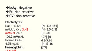 •HbsAg: Negative
•HIV: Non-reactive
•HCV: Non-reactive
Electrolytes:
Na+ : 135.4
mMol/L K+ : 3.43
mMol/L cl- :
100.2 mMol/L
Ionized Ca2+ :
4.75 mg/dl
Haemoglobin :
[N- 135-155]
[N- 3.5-5.5]
[N- 68-
107] [N-
4.8-5.6]
[N-13-16
g/dl]
 