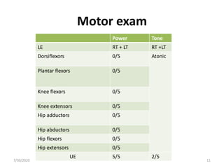 Motor exam
Power Tone
LE RT + LT RT +LT
Dorsiflexors 0/5 Atonic
Plantar flexors 0/5
Knee flexors 0/5
Knee extensors 0/5
Hip adductors 0/5
Hip abductors 0/5
Hip flexors 0/5
Hip extensors 0/5
UE 5/5 2/5
7/30/2020 11
 