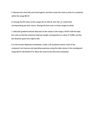 5. Remove the chart title and chart legend, and then resize the chart so that it is contained
within the range M3:07.
6. Change the fill colors of the ranges 04:14, KS:LS, and 1(6:1_6. match their
corresponding pie slice colors. Change the font color in those ranges to white.
7. Add pink gradient-colored data bars to the values in the range L10:014. Edit the data
bar rules so that the maximum data bar length corresponds to a value of 15,000, and the
bar direction goes from right to left.
8. In the Income Statement worksheet, create a 3D clustered column chart of the
company's net revenue and operating expenses using the data values in the nonadjacent
range B4:F4:136:F6;B12:F12. Move the chart to the Overview worksheet.
 