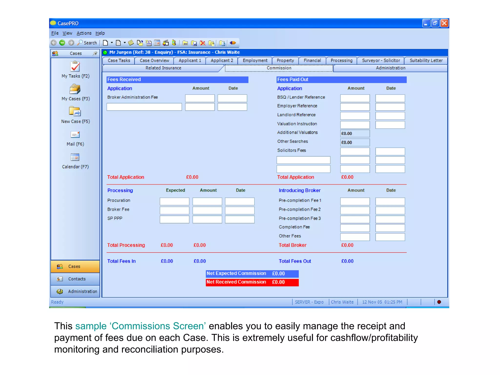 This  sample ‘Commissions Screen’  enables you to easily manage the receipt and payment of fees due on each Case. This is extremely useful for cashflow/profitability monitoring and reconciliation purposes. 