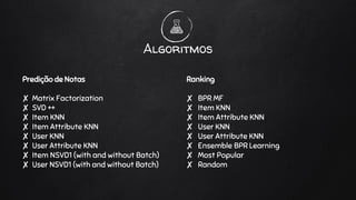 Predição de Notas
✘ Matrix Factorization
✘ SVD ++
✘ Item KNN
✘ Item Attribute KNN
✘ User KNN
✘ User Attribute KNN
✘ Item NSVD1 (with and without Batch)
✘ User NSVD1 (with and without Batch)
Algoritmos
Ranking
✘ BPR MF
✘ Item KNN
✘ Item Attribute KNN
✘ User KNN
✘ User Attribute KNN
✘ Ensemble BPR Learning
✘ Most Popular
✘ Random
 